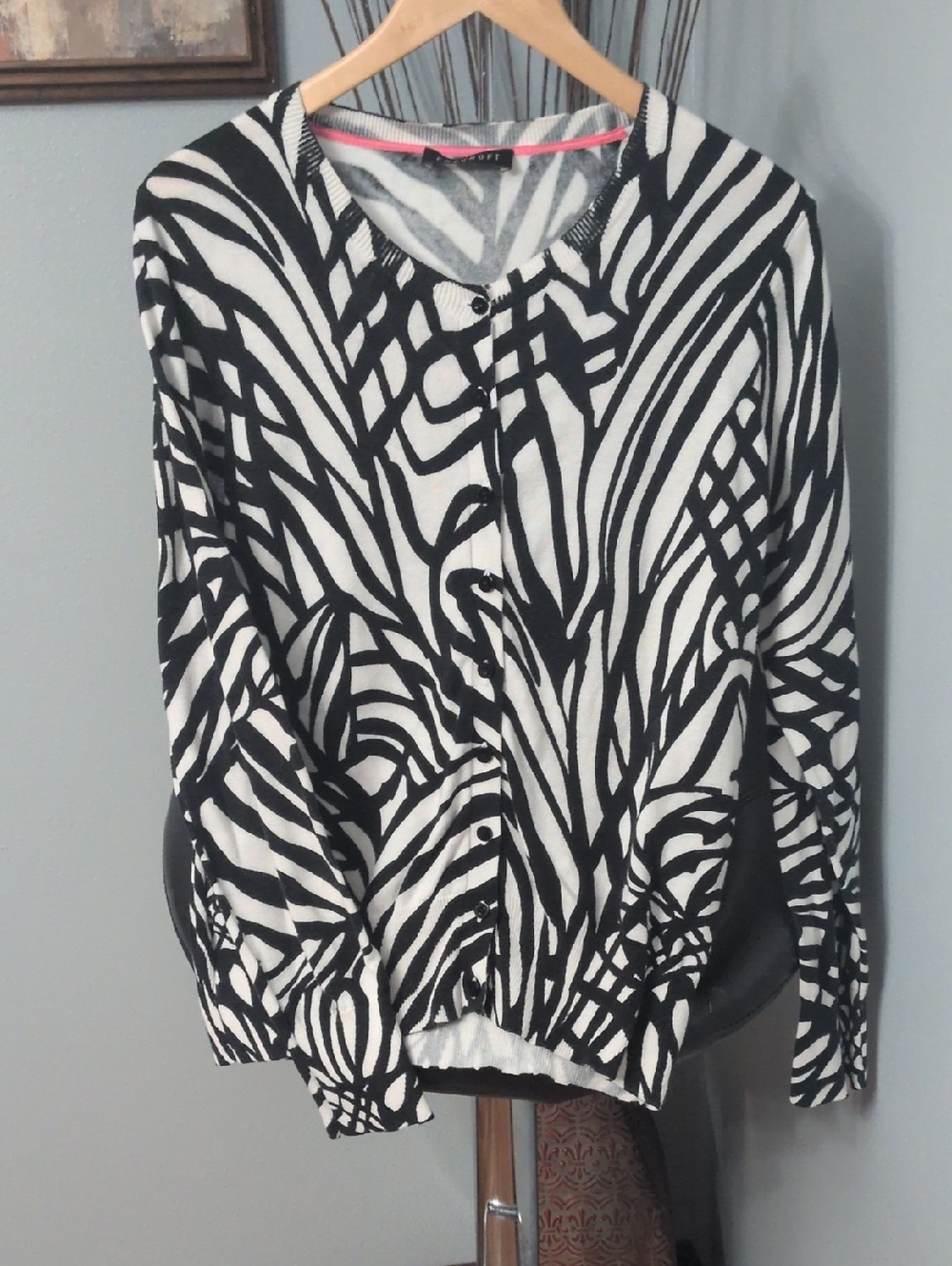 Foxcroft Black and White Knit Top with Pink Trim